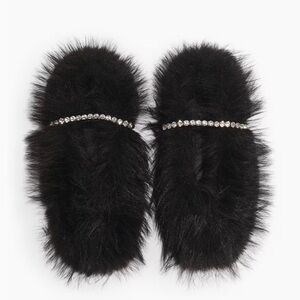 H&M Black Furry Slippers with Rhinestone Detail